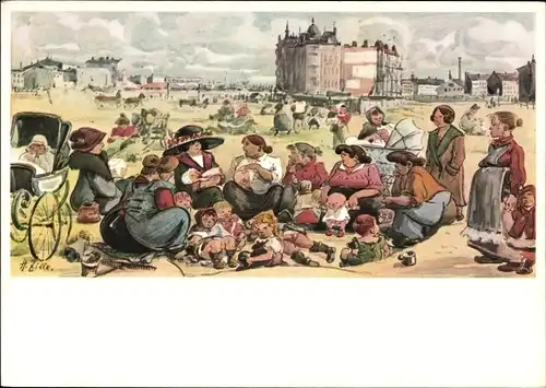 Künstler Ak Zille, Heinrich, Das Flaschenkind, Frauen mit ihren Kindern am Strand, Kinderwagen