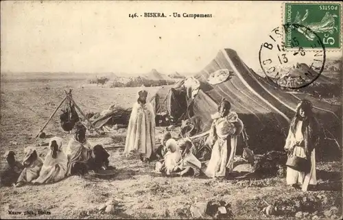 Ak Biskra Algerien, Un Campement, Anwohner vor ihrem Zelt