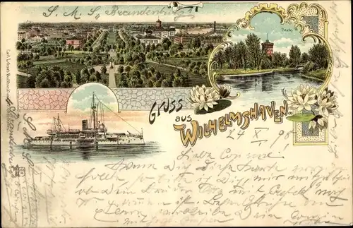 Litho Wilhelmshaven in Niedersachsen, Deutsches Kriegsschiff, Park, Panoramablick auf die Stadt