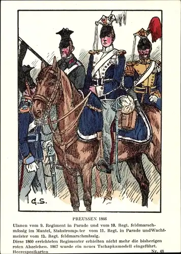 Künstler Ak Schäfer, Georg, Preußen 1866, Ulanen vom 9. Regiment in Parade, Stabstrompeter
