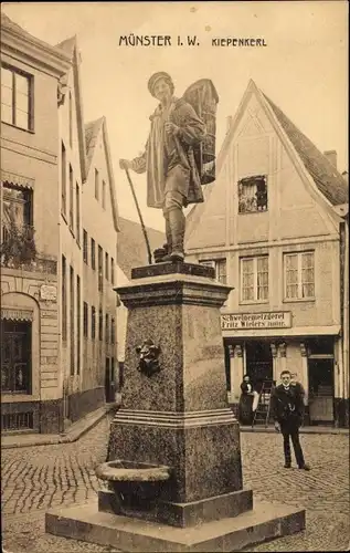 Ak Münster in Westfalen, Kiepenkerl, Statue, Schweinemetzgerei Fritz Wielers Junior