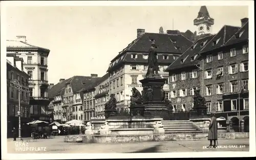 Ak Graz Steiermark, Partie am Hauptplatz, Erzherzog Johann Brunnen Denkmal, Geschäfte