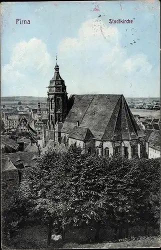 Ak Pirna in Sachsen, Blick auf die Stadtkirche, Bäume