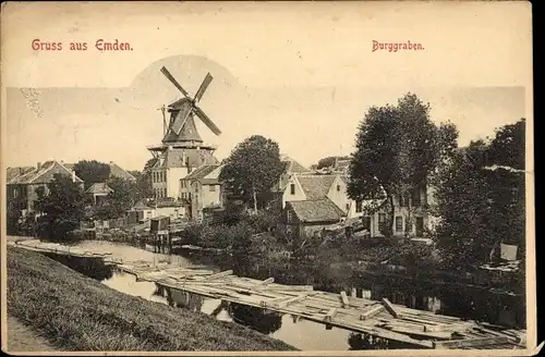 Ak Emden in Ostfriesland, Burgraben, Windmühle, Teilansicht der Stadt