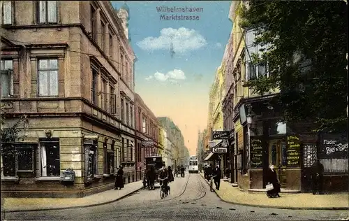 Ak Wilhelmshaven in Niedersachsen, Marktstraße, Bierhalle H. Flacke, Tabakladen, Straßenbahn
