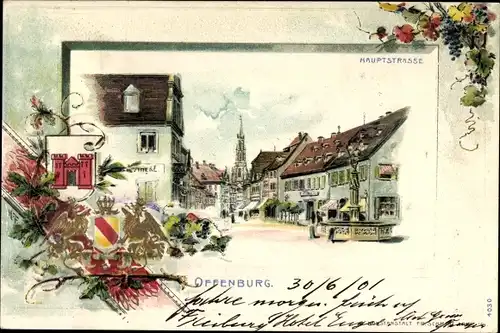 Präge Wappen Passepartout Litho Offenburg im Schwarzwald Ortenaukreis, Hauptstraße, Brunnen,Apotheke
