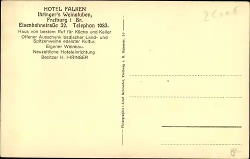 Ak Freiburg im Breisgau Baden Württemberg, Hotel Falken, Ihringer's Weinstuben, Hans Thoma Stüble