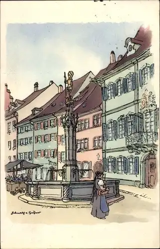 Künstler Ak v. Geyer, H., Freiburg im Breisgau Baden Württemberg, Gotischer Brunnen
