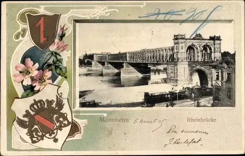 Präge Wappen Passepartout Ak Mannheim in Baden Württemberg, Rheinbrücke