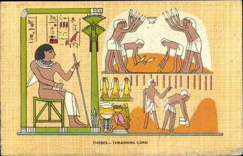 Künstler Ak Theben Ägypten, Thrashing Corn, Ägypter, Hieroglyphen