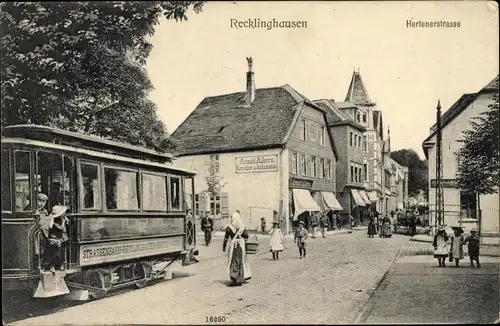 Ak Recklinghausen im Ruhrgebiet, Hertener Straße, Straßenbahn, Uhrmacher Arnold Albers
