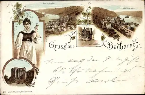 Litho Bacharach am Rhein im Kreis Mainz Bingen, Stadtpanorama, Althaus, Kapelle