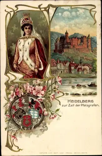 Präge Wappen Litho Heidelberg am Neckar, Schloss, Pfalzgrafen