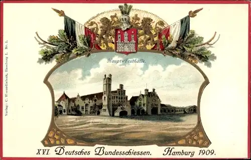 Präge Wappen Litho Hamburg, XVI. Deutsches Bundesschießen 1909, Festhalle