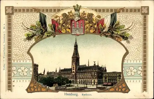 Präge Wappen Litho Hamburg, Blick auf das Rathaus