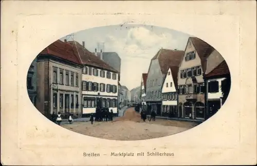 Präge Passepartout Ak Bretten im Kreis Karlsruhe Baden Württemberg, Marktplatz mit Schillerhaus 