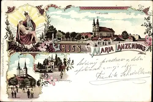Litho Maria Lanzendorf in Niederösterreich, Kirche, Kalvarienberg, Totalansicht von Ort, Gnadenbild