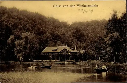 Ak Erkrath in Nordrhein Westfalen, Restaurant Winkelsmühle, Inh. L. Hertwig, Teichpartie, Ruderboote