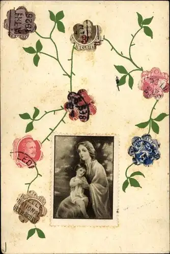 Briefmarken Ak Maria mit Jesus, Marienbildnis, Handgemacht