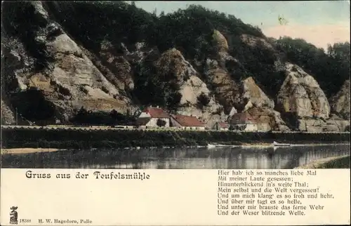 Gedicht Ak Bodenwerder in Niedersachsen, Gruss aus der Teufelsmühle, Felswand