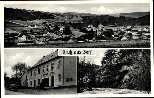 Ak Zerf Rheinland Pfalz, Totalansicht, Kaufhaus Schmitt, Brücke