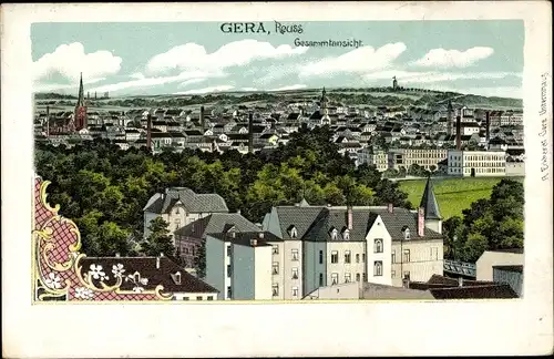 Litho Gera in Thüringen, Gesamtansicht der Stadt, Panorama