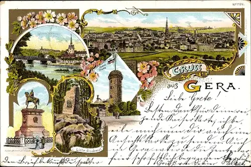 Litho Gera in Thüringen, Schloss Osterstein, Ferberturm, Kaiser Wilhelm Denkmal, Liebe Denkmal