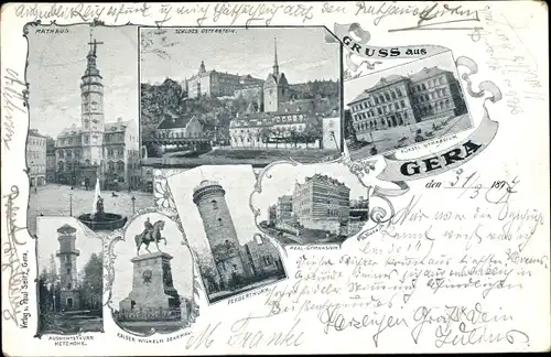 Ak Gera in Thüringen, Rathaus, Schloss Osterstein, Aussichtsturm Metzhöhe, Ferberturm, Gymnasium