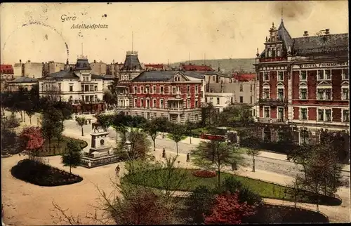 Ak Gera in Thüringen, Adelheidplatz mit Denkmal, Hotel Frommater, Parkanlagen