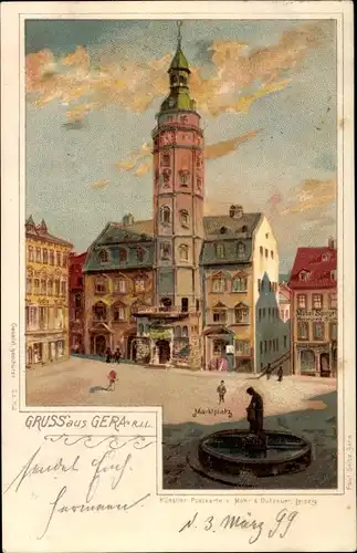 Künstler Litho Gera in Thüringen, Marktplatz mit Rathaus, Brunnen, Mohr & Dutzauer