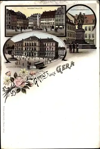 Litho Gera in Thüringen, Marktplatz, Posthumusdenkmal, Gymnasium, Straßenbahn