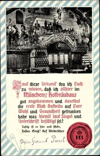 Passepartout Ak München Bayern, Urkunde, Königliches Hofbräuhaus, Pächter Johann Panzer