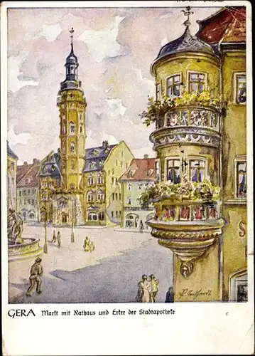 Künstler Ak Gera in Thüringen, Markt mit Rathaus und Erker der Stadtapotheke