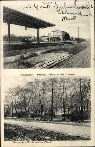 Ak Schönwalde Glien im Havelland, Bahnhof von der Gleisseite, Feuerwehr, Denkmal Friedrich d. Große