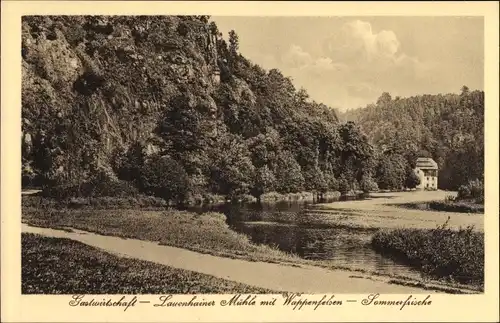 Ak Lauenhain Mittweida, Gastwirtschaft Lauenhainer Mühle, Wappenfelsen