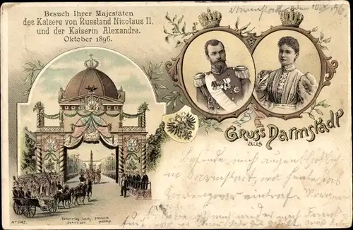Litho Darmstadt in Hessen, Zar Nikolaus II. von Russland, Zarin Alexandra, Staatsbesuch 1896