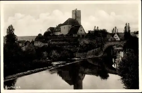 Ak Lauffen am Neckar Kreis Heilbronn, Stadtpanorama, Flusspartie, Wehr