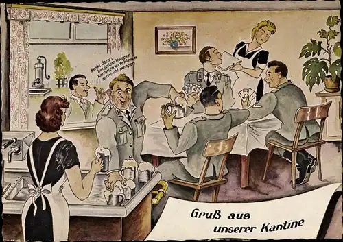 Künstler Ak Bundeswehr Soldaten, Gruß aus der Kantine, Kartenspiel, Bier