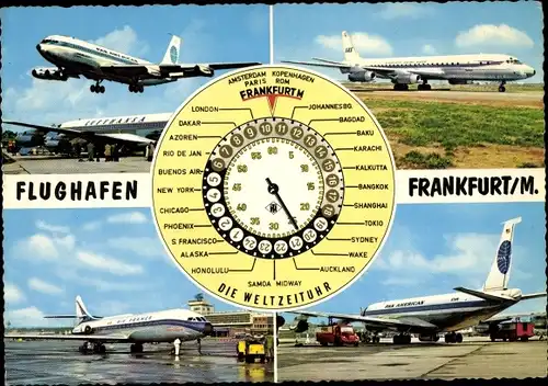 Ak Flughafen Frankfurt Main, Weltzeituhr, Pan American, Air France, SAS Airlines