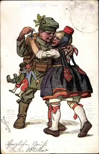 Künstler Ak Beithan, Emil, Soldat mit Schwälmerin, Eisernes Kreuz