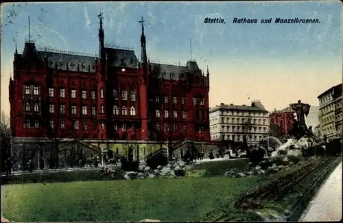 Ak Szczecin Stettin Pommern, Rathaus und Manzelbrunnen