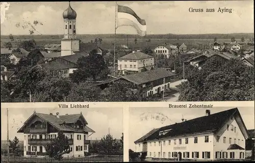 Ak Aying Oberbayern, Ortschaft, Villa Liebhard, Brauerei Zehentmair