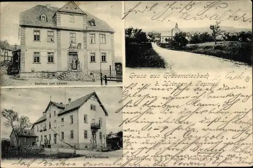 Ak Grävenwiesbach Hessen, Gasthaus zum Löwen, Korbflechtschule, Straßenpartie