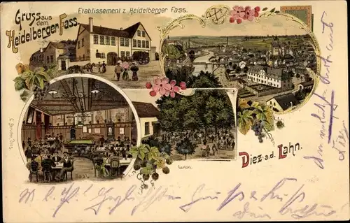 Litho Diez im Rhein Lahn Kreis Rheinland Pfalz, Etablissement zum Heidelberger Fass, Garten