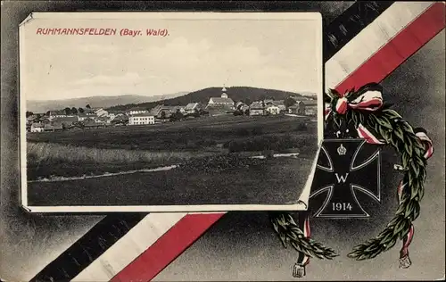 Passepartout Ak Ruhmannsfelden Bayr. Wald, Totalansicht vom Ort, EK 1914