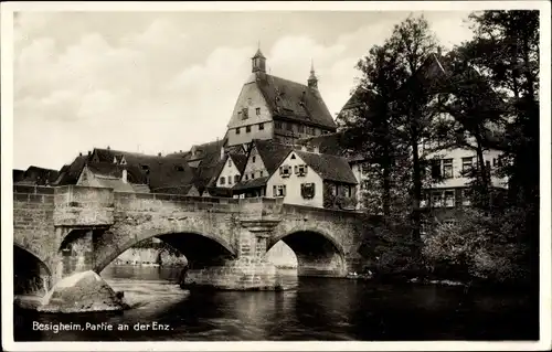 Ak Besigheim im Kreis Ludwigsburg, Stadtpanorama, Flusspartie, Brücke