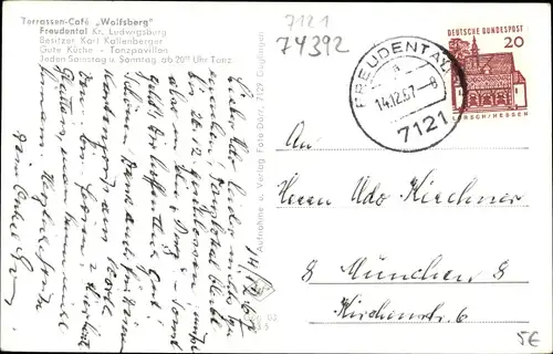 Ak Freudental im oberen Steinbachtal Kreis Ludwigsburg, Cafe Wolfsberg, Inh. K. Kallenberger