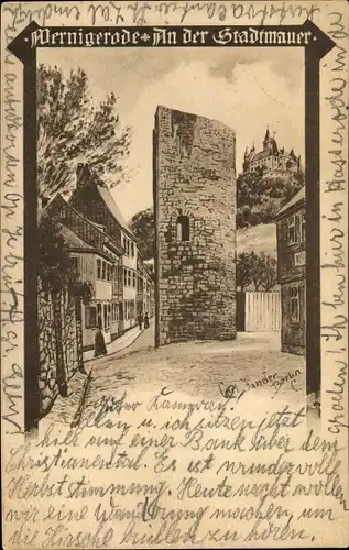 Künstler Ak Jander, Carl, Wernigerode am Harz, Partie an der Stadtmauer, Schloss