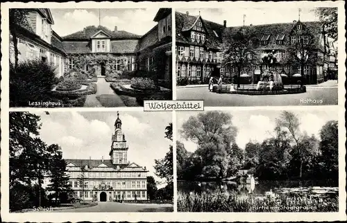 Ak Wolfenbüttel in Niedersachsen, Rathaus, Lessinghaus, Schloss, Stradtgrabenpartie