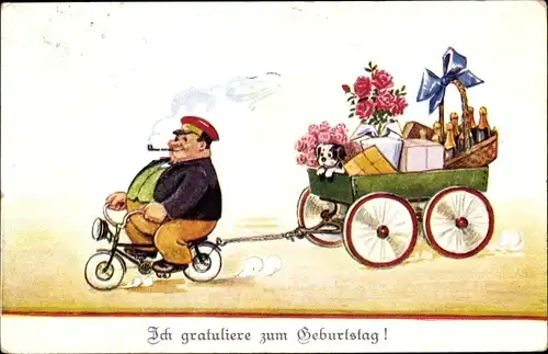 Ak Glückwunsch Geburtstag, dicker Mann auf einem Motorrad, Geschenke, Blumen, Sektflaschen, Hund